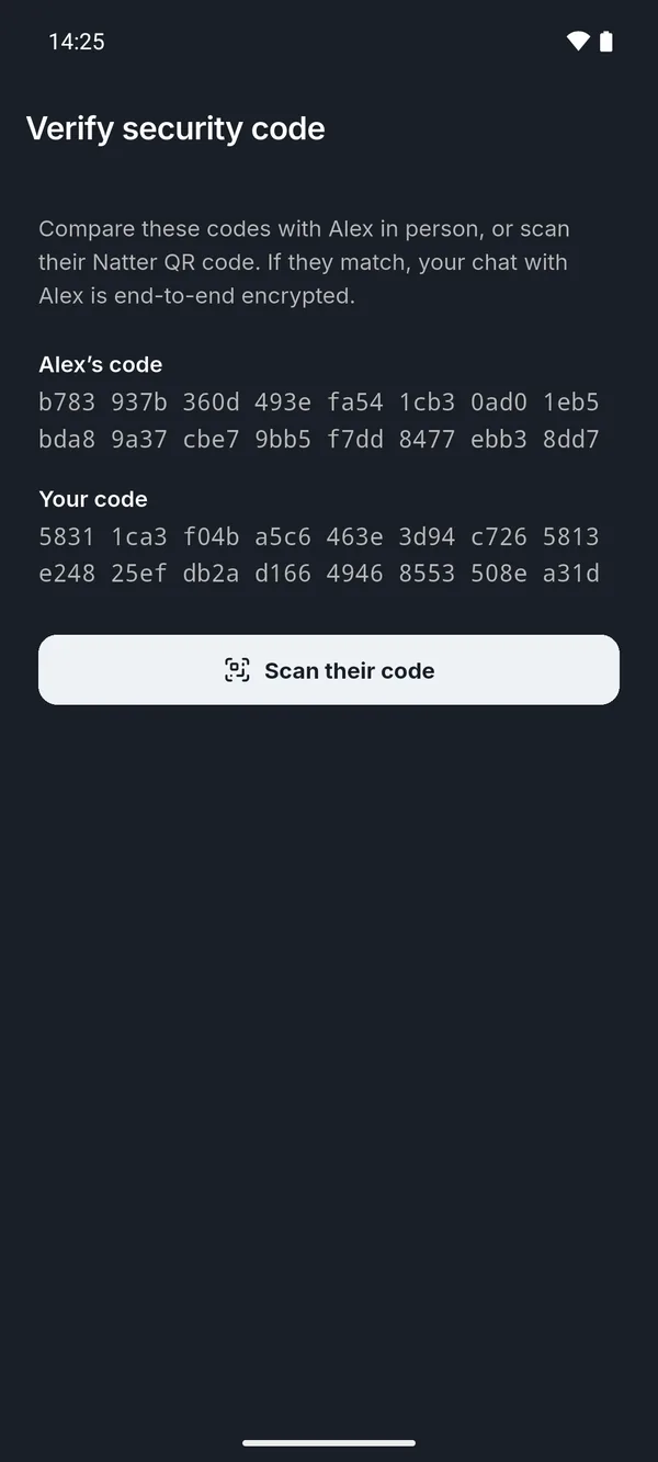 The real Natter app: Verify security code, showing Alex's code and yours, with Scan their code.