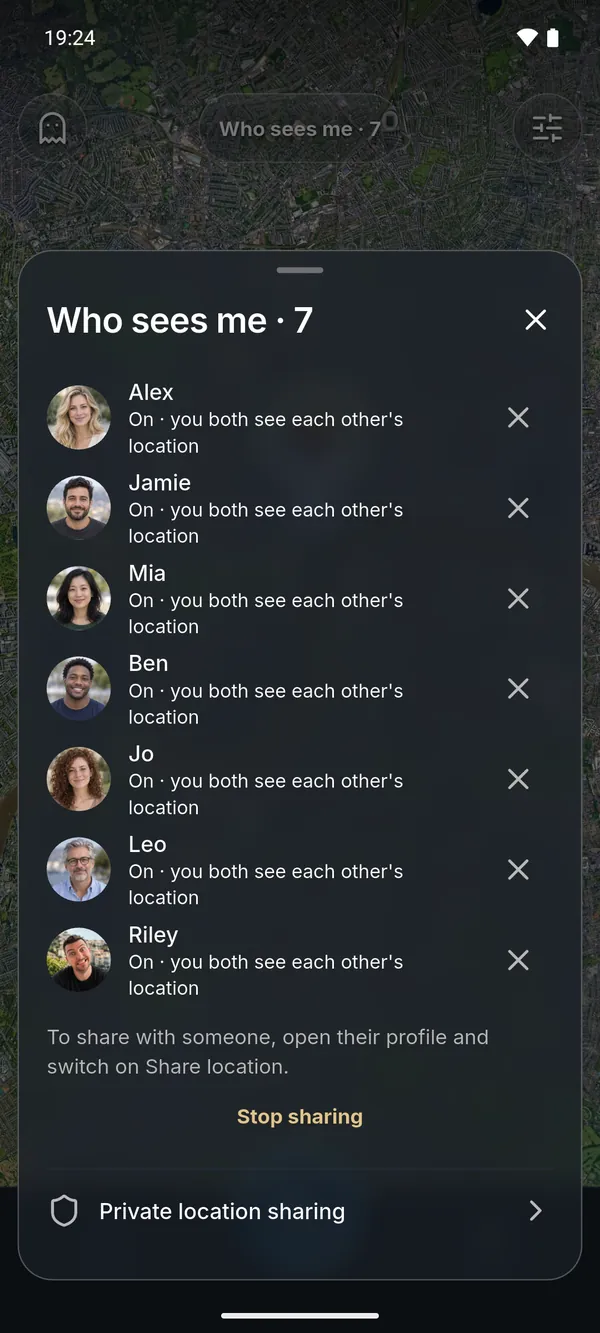 The real Natter app: Who sees me · 7, listing the seven demo people who can see your location, with Stop sharing.